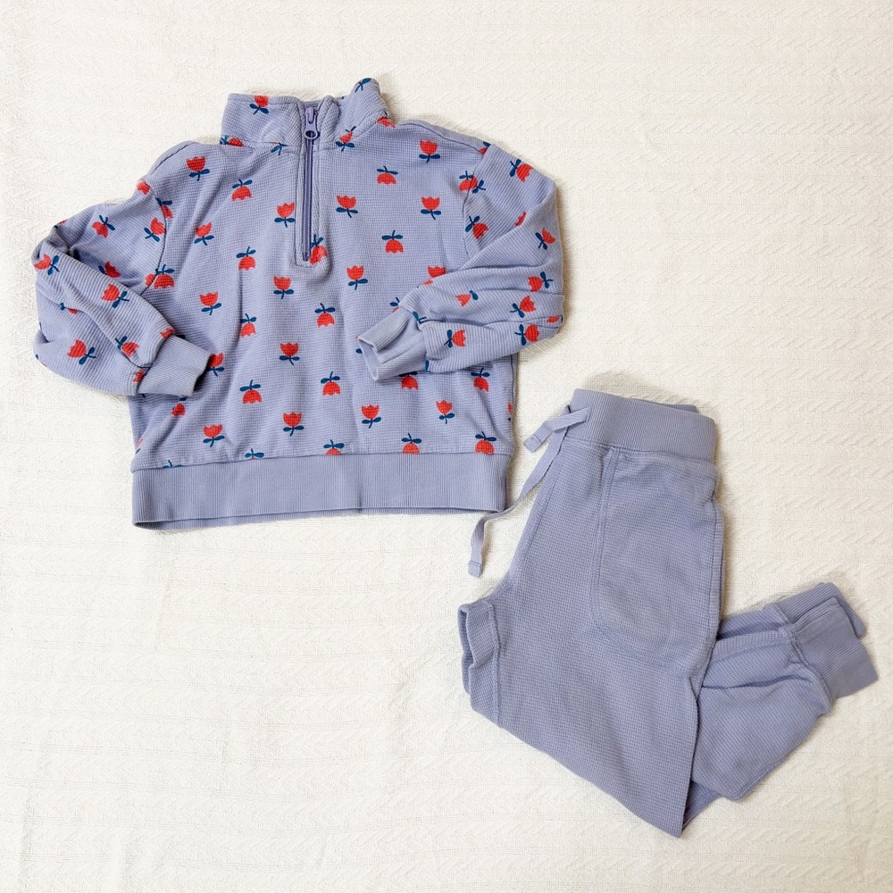 Hanna Andersson Purple Tulip Flower Print Waffle Knit Quarter Zip Set - sz 5